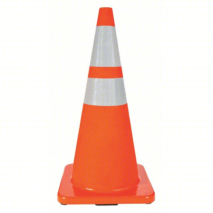 Traffic Cone: Night or High Speed Roadway (45 MPH or Higher), Reflective, 28 in Cone Ht, Orange, PVC