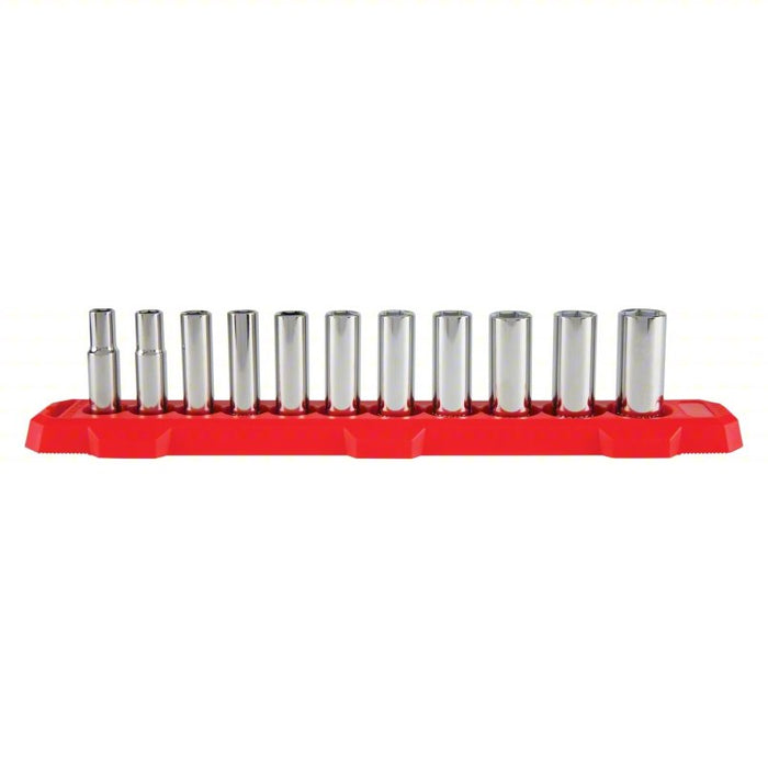 Socket Set: 3/8 in Drive Size, 11 Pieces, 9 mm to 19 mm Socket Size Range, (11) 6-Point