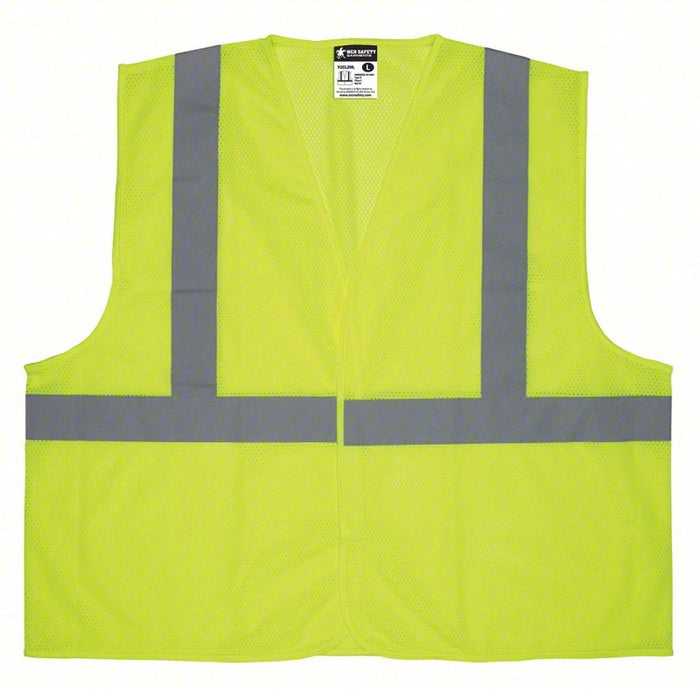 High Visibility Vest: ANSI Class 2, U, XL, Lime, Solid Polyester, Hook-and-Loop, Men's