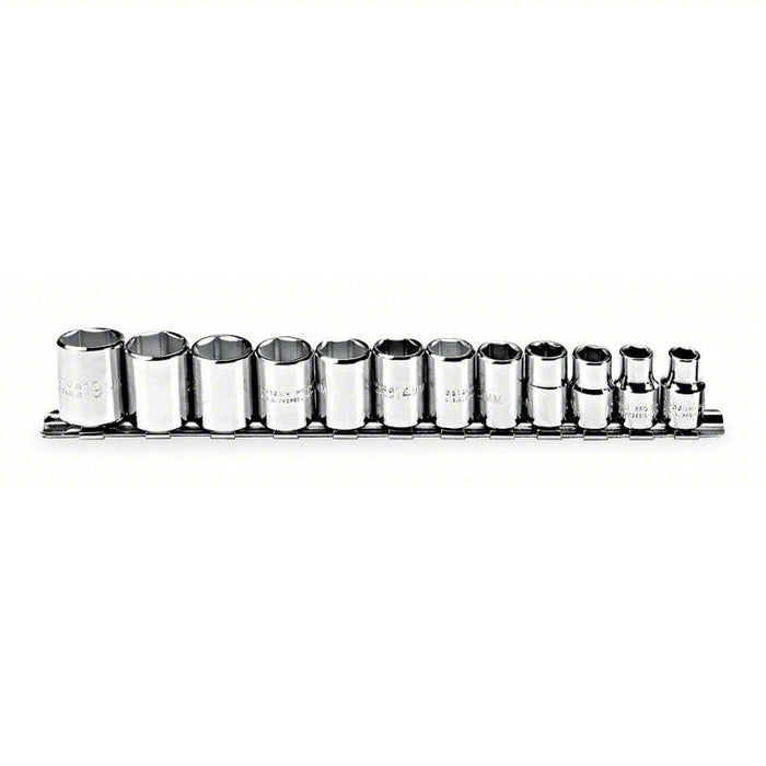 Socket Set: 3/8 in Drive Size, 12 Pieces, 8 mm to 19 mm Socket Size Range, (12) 6-Point