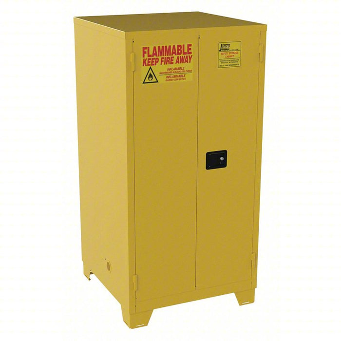 Flammables Safety Cabinet: Std with Legs, 60 gal, 34 in x 34 in x 70 in, Yellow, Self-Closing