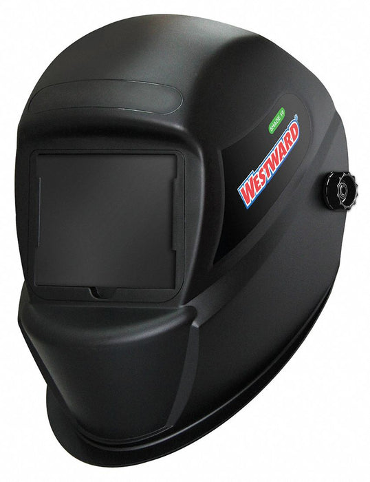Welding Helmet: Passive, 0 Arc Sensors, Black, W10, 4.33 in x 3.54 in, Ratchet, Nylon