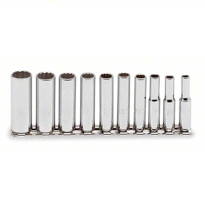 Socket Set: 1/4 in Drive Size, 10 Pieces, 3/16 in to 9/16 in Socket Size Range, (10) 12-Point