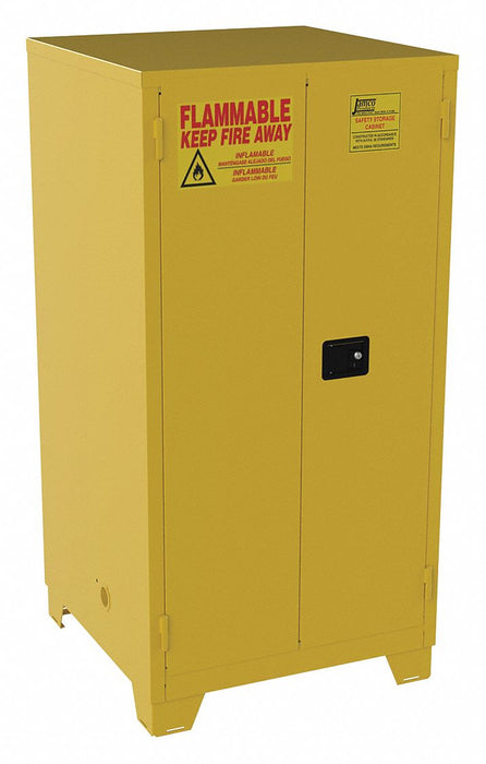 Flammables Safety Cabinet: Std with Legs, 60 gal, 34 in x 34 in x 70 in, Yellow, Manual Close