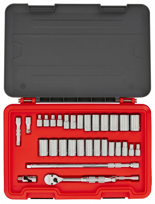 Socket Set: 3/8 in Drive Size, 32 Pieces, 1/4 in to 7/8 in, 8 mm to 20 mm Socket Size Range, 0
