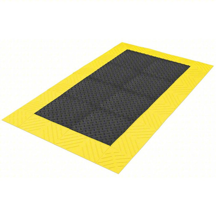 Interlocking Antifatigue Mat: Diamond Plate, 3 ft x 3 ft, 1 in Thick, Black with Yellow Border