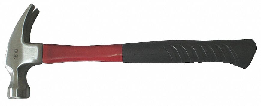 Straight Claw Hammer: Steel, Ribbed Grip, Fiberglass Handle, 16 oz Head Wt, 13 in Overall Lg, Smooth