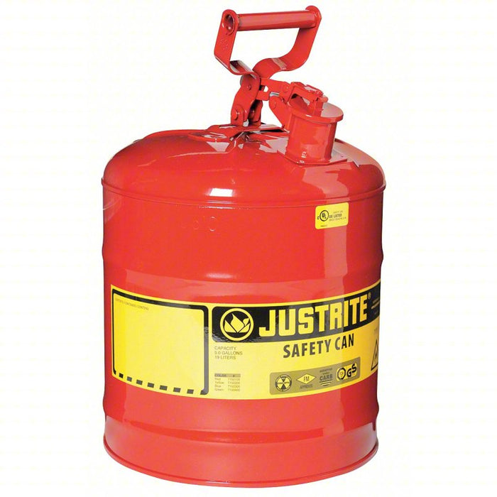 Type I Safety Can: For Use With Flammables, 5 gal Capacity, Powder Coated Steel, Red