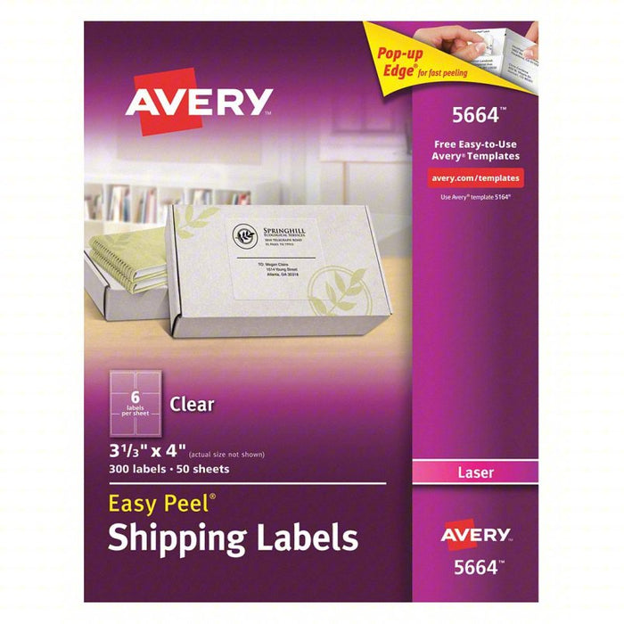 Laser Label: 5,664 Avery Template #, Clear, 3 1/3 in Label Ht, 4 in Label Wd, 50 PK