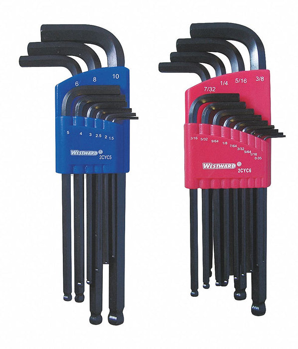Hex Key Set: Metric and SAE, Long, 22 Pieces, Plastic Holder, Black Oxide, 2 Tips