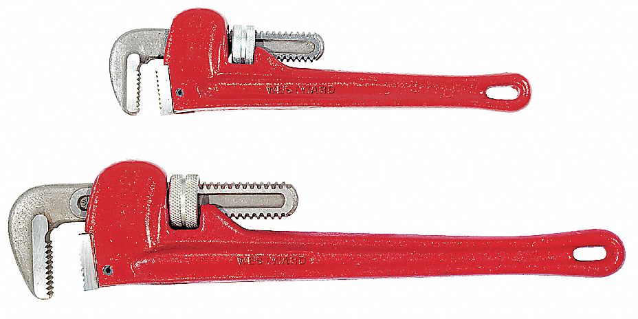 Pipe Wrench: Cast Iron, 2 in_2 1/2 in Jaw Capacity, Serrated, 12 in_18 in Overall Lg