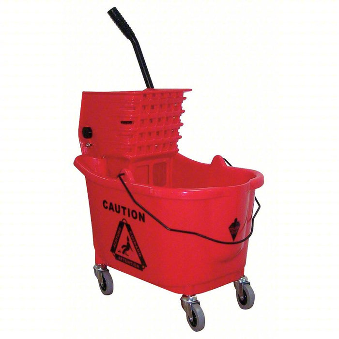 Mop Bucket and Wringer: Side Press, 8 3/4 gal Capacity, Plastic, Red, Side Press