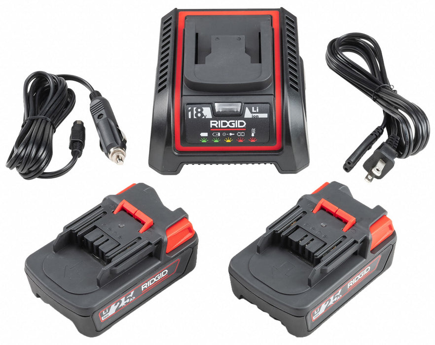 Battery and Charger Kit: RIDGID, 18V RIDGID, Li-Ion, Charger Included, 2 Batteries Included, 2.5 Ah