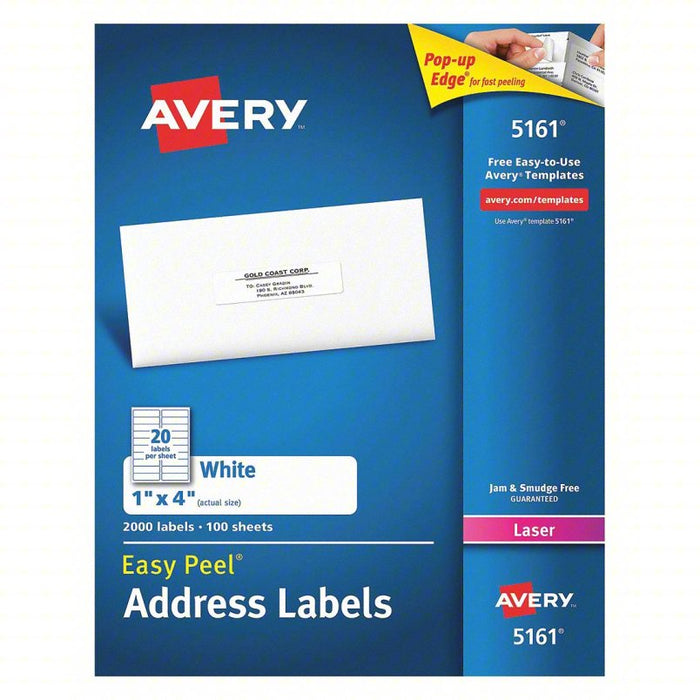 Laser Label: 5,161 Avery Template #, White, 1 in Label Ht, 4 in Label Wd, 2,000 Labels, 100 PK