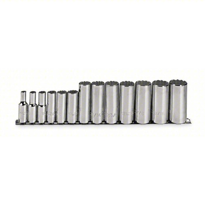 Socket Set: 3/8 in Drive Size, 13 Pieces, 1/4 in to 1 in Socket Size Range, (13) 12-Point, SAE