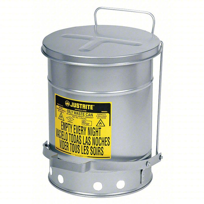 Oily Waste Can: 14 gal Can Capacity, Galvanized Steel, Silver, Foot Operated Self Closing