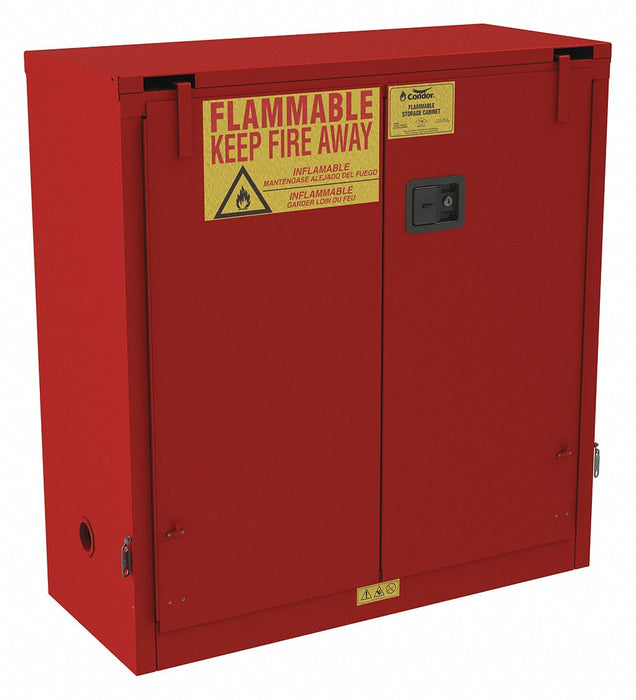 Flammables Safety Cabinet: Std, 30 gal, 43 in x 18 in x 45 1/2 in, Red, Self-Closing, 1 Shelves