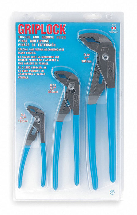 Tongue and Groove Plier Set: V, Self Adjusting, 1 3/50 in_1 1/4 in_2 1/4 in Max Jaw Opening