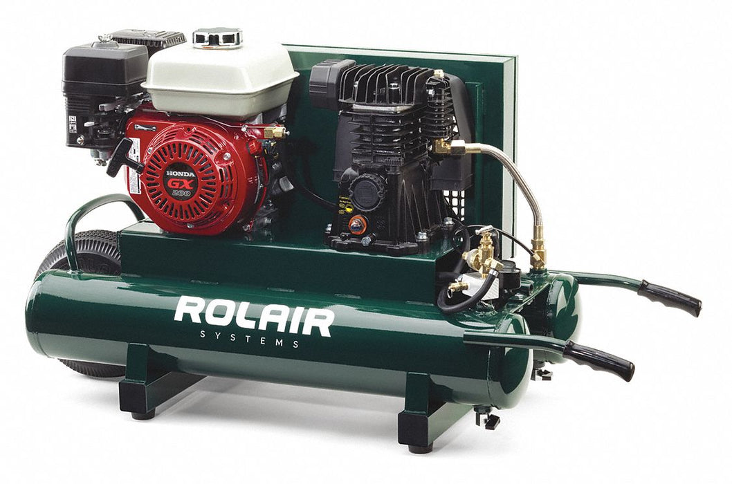 Portable Gas Air Compressor: 1 Stage, 6.5 hp Engine, Honda, 13.5 cfm @ 90 psi, 9 gal Air Tank