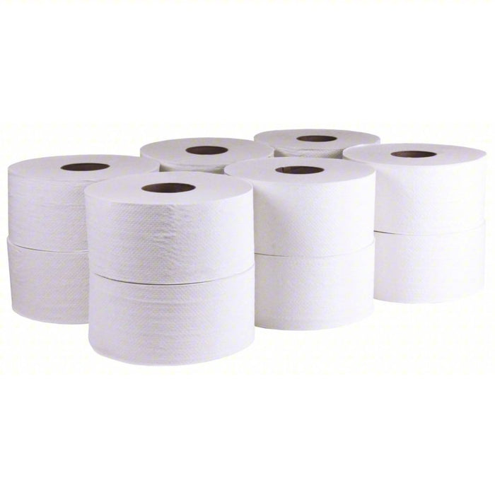 Toilet Paper Roll: 2 Ply, Continuous Sheets, 750 ft Roll Lg, 9 in Roll Dia., 12 PK