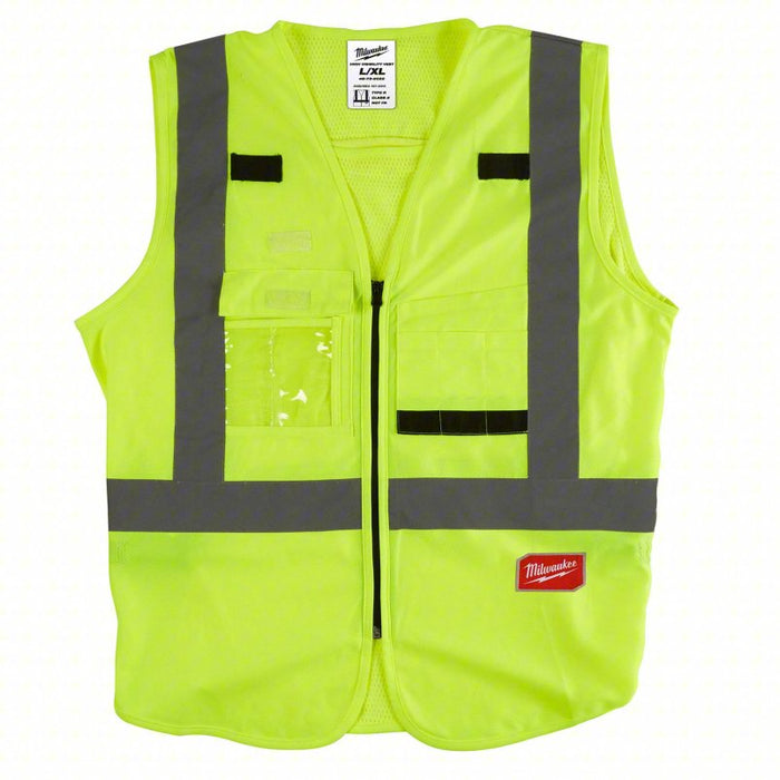 High-Visibility Vest: ANSI Class 2, U, L/XL, Lime, Solid Polyester, Zipper, Single