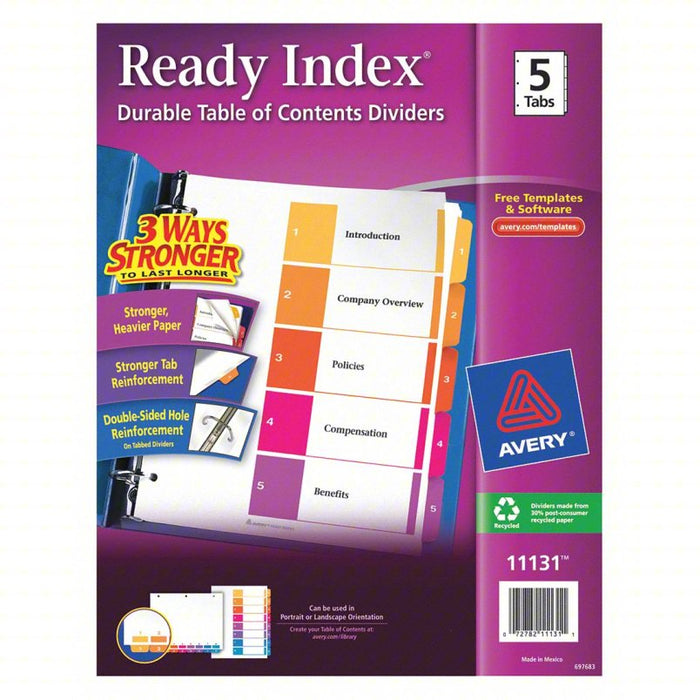 Binder Divider: 1 to 5 Table of Contents, Multicolor, 5 Tabs, 11 in Ht, 8 1/2 in Wd