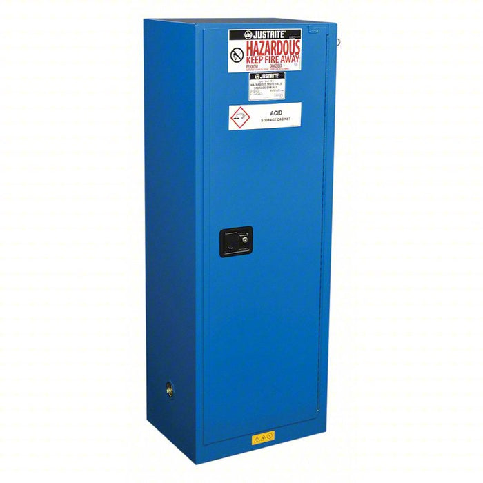 Hazmat Safety Cabinet: 22 gal, 23 1/4 in x 18 in x 65 in, Blue, Self-Closing, 3 Shelves, Cabinet