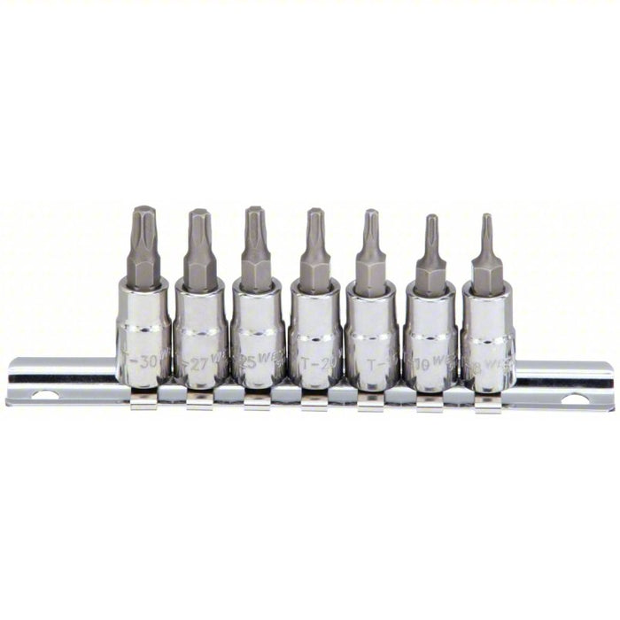 Socket Bit Set: 1/4 in Drive Size, 7 Pieces, T8 to T30 Range of Tip Sizes, Torx
