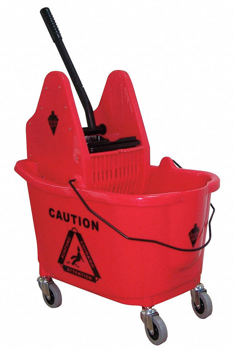 Mop Bucket and Wringer: Down Press, 8 3/4 gal Capacity, Plastic, Red, Down Press