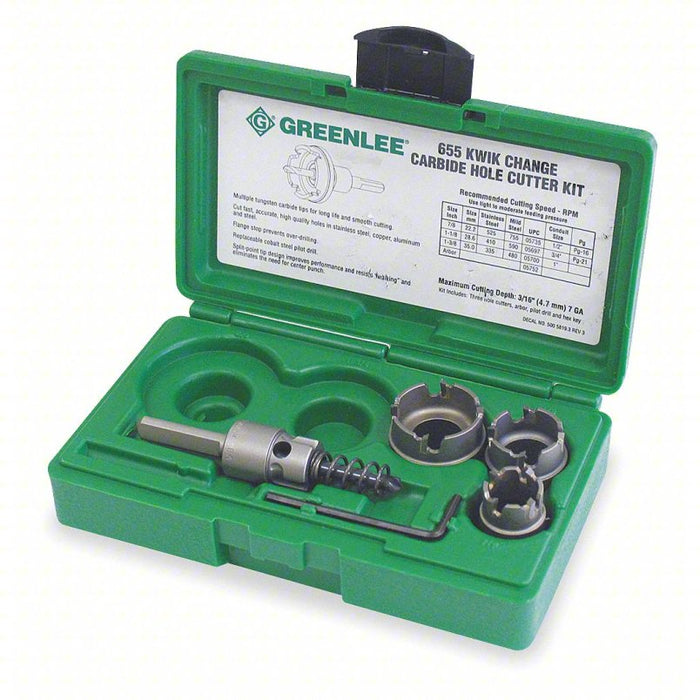 Hole Cutter Kit: 4 Pieces, 7/8 in to 1 3/8 in Saw Size Range, 1/8 in Max. Cutting Dp