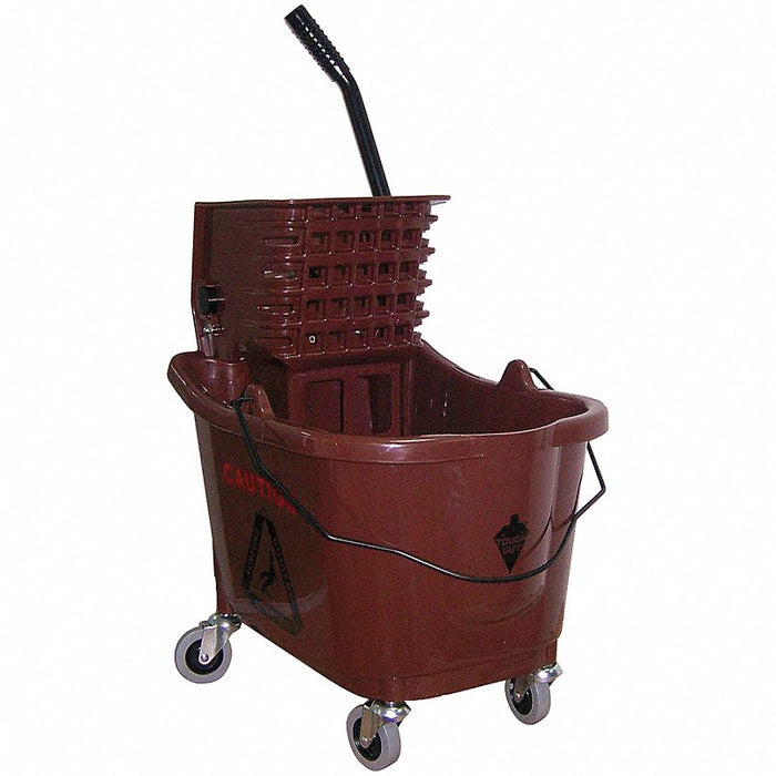 Mop Bucket and Wringer: Side Press, 8 3/4 gal Capacity, Plastic, Brown, Side Press
