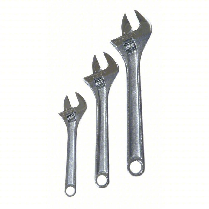 Adjustable Wrench Set: Alloy Steel, Chrome, 3/4 in_1 in_1 1/8 in Jaw Capacity, Plain Grip