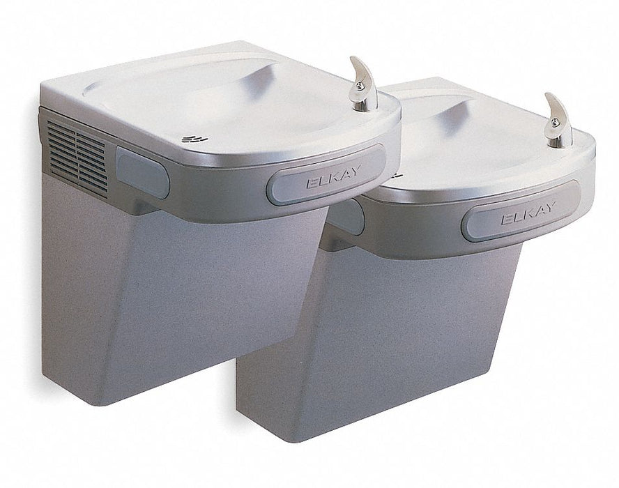 Two-Level Drinking Fountain: On-Wall, Refrigerated, 25 3/8 in Ht, Gray, Non-Filtered