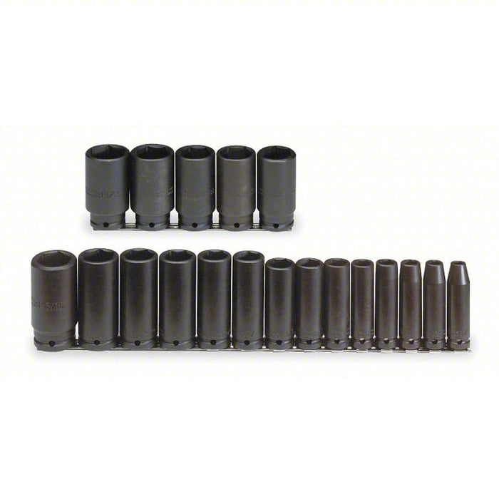 Impact Socket Set: 1/2 in Drive Size, 19 Pieces, 3/8 in to 1 1/2 in Socket Size Range
