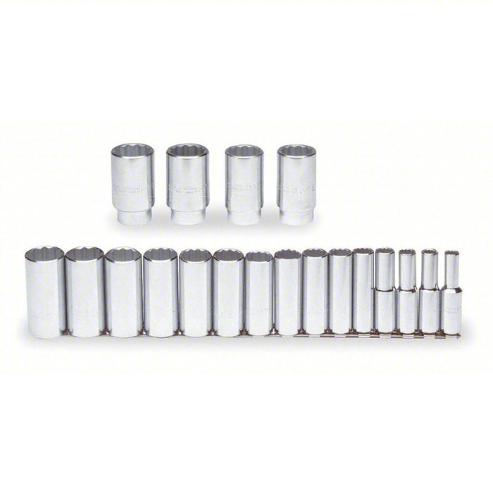 Socket Set: 1/2 in Drive Size, 19 Pieces, 3/8 in to 1 1/2 in Socket Size Range, (19) 12-Point