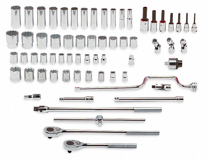 Socket Wrench Set: 1/2 in Drive Size, 65 Pieces, 3/8 in to 1 1/2 in Socket Size Range, Chrome