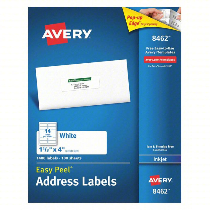 Inkjet Label: 8,462 Avery Template #, White, 1 1/3 in Label Ht, 4 in Label Wd, 100 PK