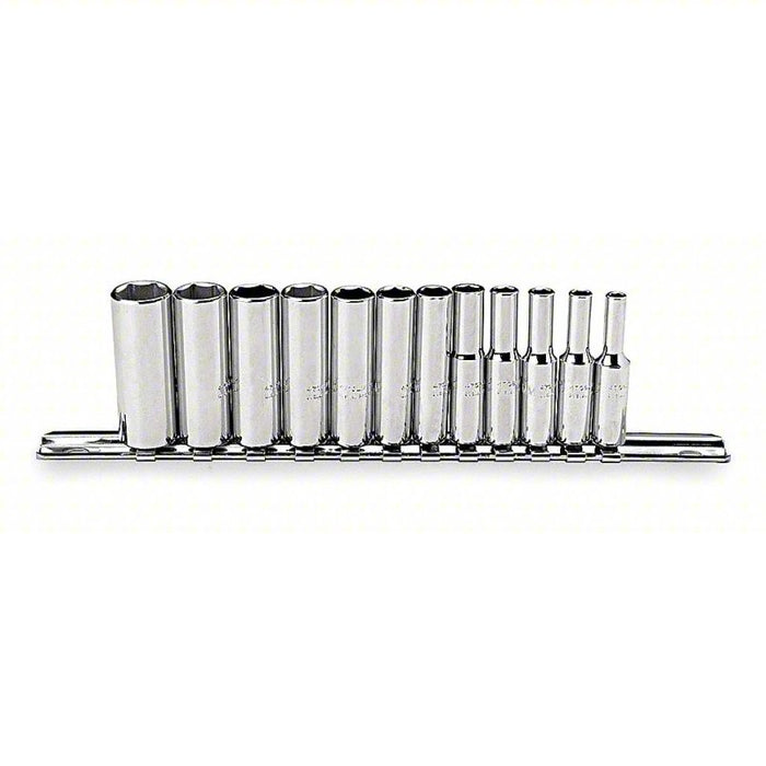 Socket Set: 1/4 in Drive Size, 12 Pieces, 4 mm to 14 mm Socket Size Range, (6) 6-Point, Chrome
