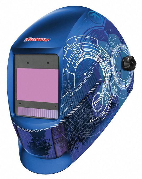 Welding Helmet: Auto-Darkening, 4 Arc Sensors, Graphics, Blue/White, W5-13, Digital, Nylon