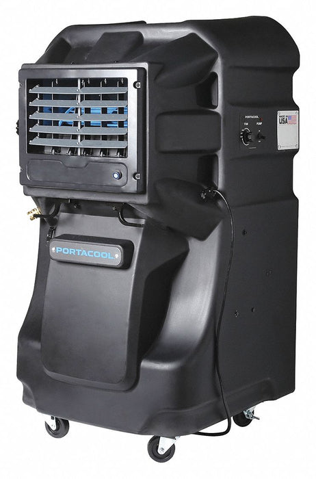 Portable Evaporative Cooler: 900 sq ft, 3,600 cfm, 30 gal Water Capacity, 115V AC, 5-15P