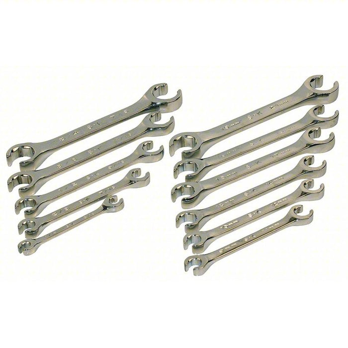 Flare Nut Wrench Set: Alloy Steel, Chrome, 11 Tools, 0° Opening Angle (Deg.)