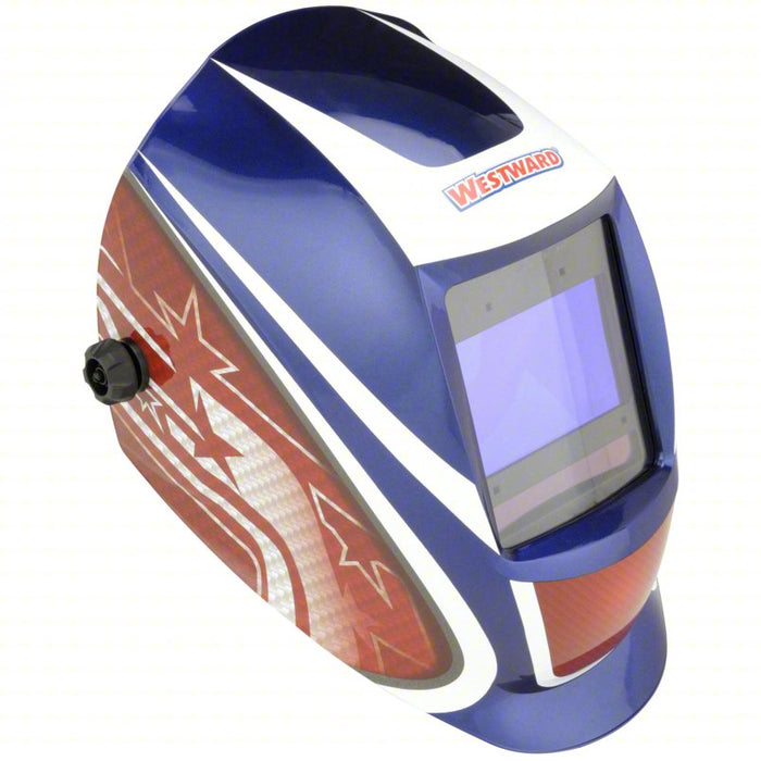 Welding Helmet: Auto-Darkening, 4 Arc Sensors, Graphics, Blue/Red/White, W5-13, Digital