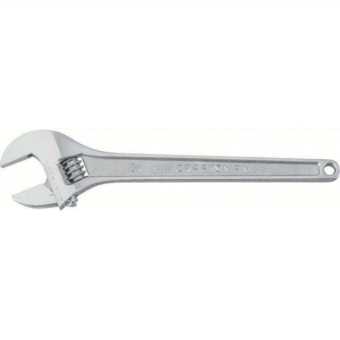 Adjustable Wrench: Steel, Chrome, 15 in Overall Lg, 1 3/4 in Jaw Capacity, Plain Grip