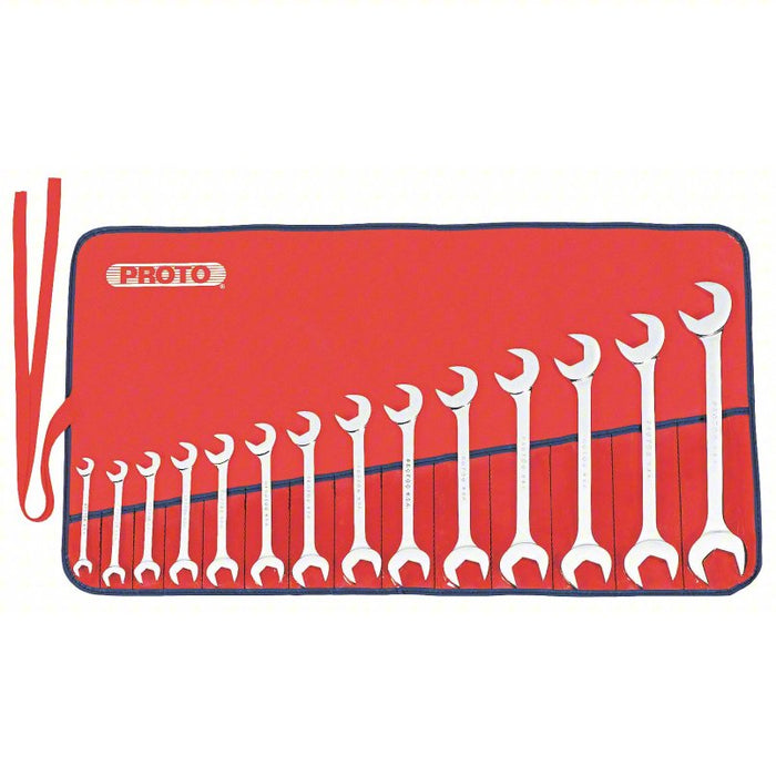 Open End Wrench Set: Alloy Steel, Chrome, 14 Tools, 3/8 in to 1 1/4 in Range of Head Sizes