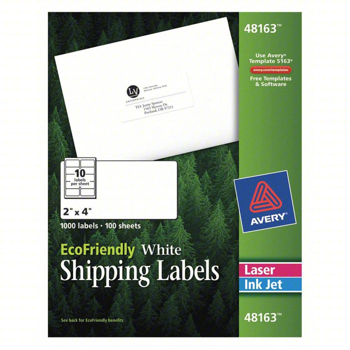 Laser/Inkjet Label: 48,163 Avery Template #, White, 2 in Label Ht, 4 in Label Wd, 100 PK