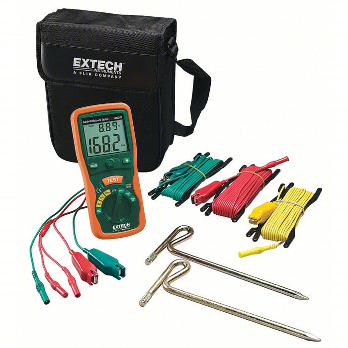 Earth Ground Tester Kit: CAT III 1000V, 2,000 ohm Max. Ground Resist, 2.5 mA, LCD, Digital