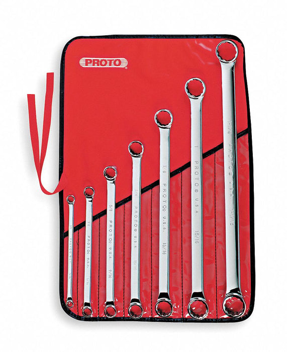 Box End Wrench Set: Alloy Steel, Chrome, 7 Tools, 5/16 in to 1 1/8 in Range of Head Sizes, SAE