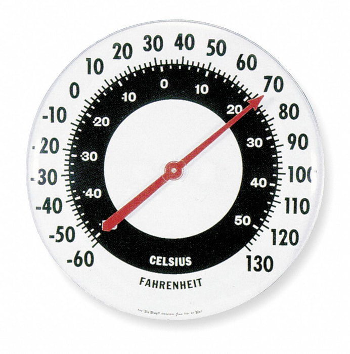 Analog Thermometer: -60° to 120°F/-50° to 50°C, Black/White, Wall-Mount, 18 in Overall Dia