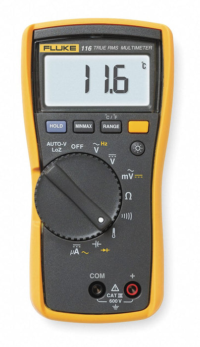 Digital Multimeter: CAT III 600V, TRMS, 600 V Max AC Volt Measurement, 6,000, LCD, FLUKE-116