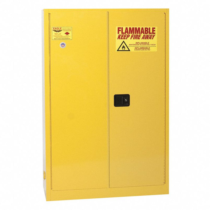Flammables Safety Cabinet: Std, 45 gal, 43 in x 18 in x 65 in, Yellow, Manual Close, 2 Shelves, Std